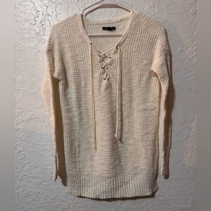 American Eagle Women's Sweater Loose Crochet Knit Lace Up Boho